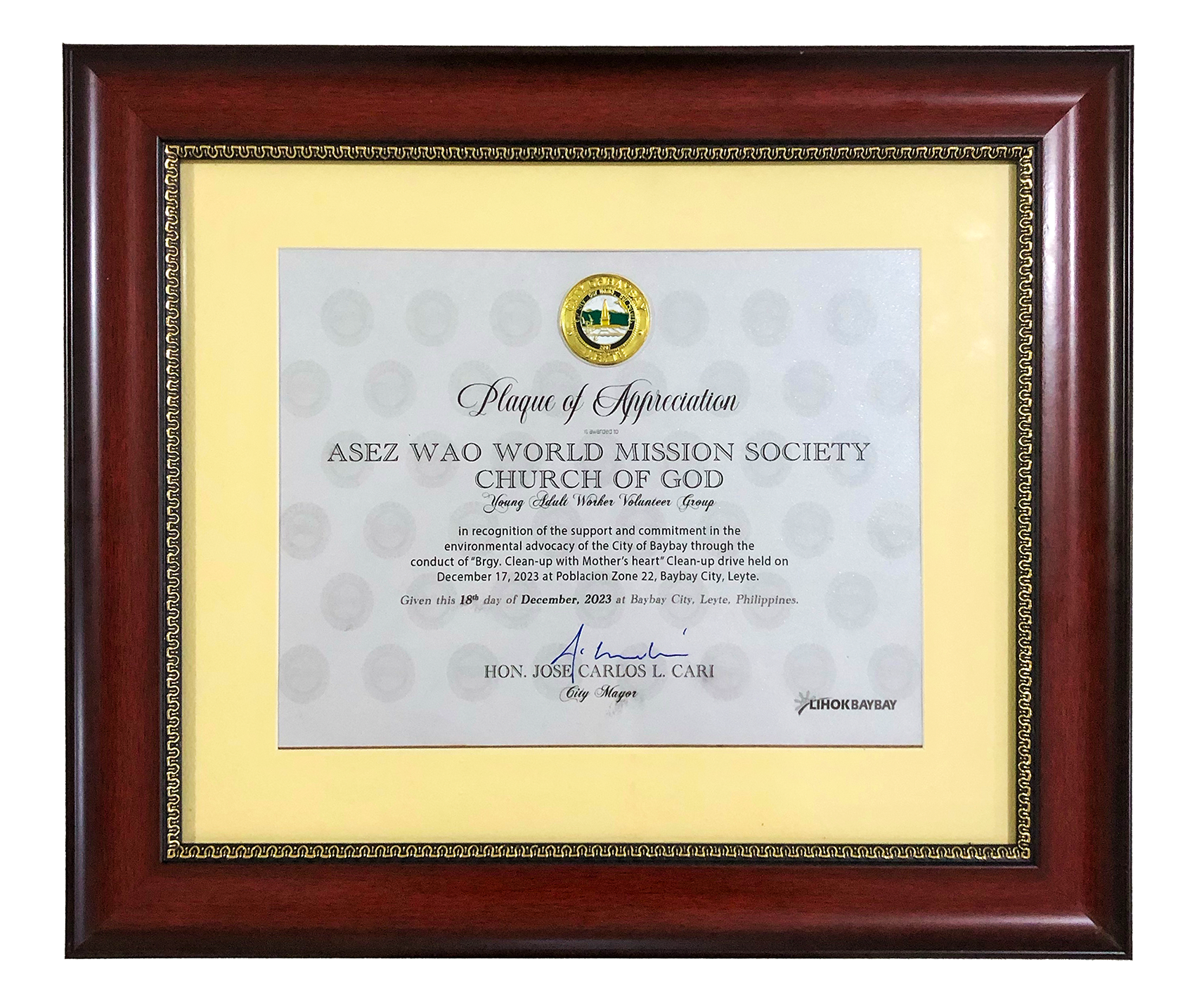 Plaque of Appreciation from Mayor of Baybay - ASEZ WAO